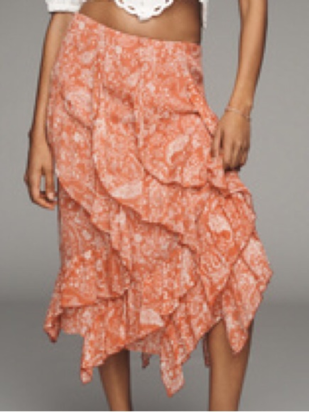 By Anthropologie Orange Coral Pink Pattern Floral Ruffle Cascade Maxi Midi Skirt